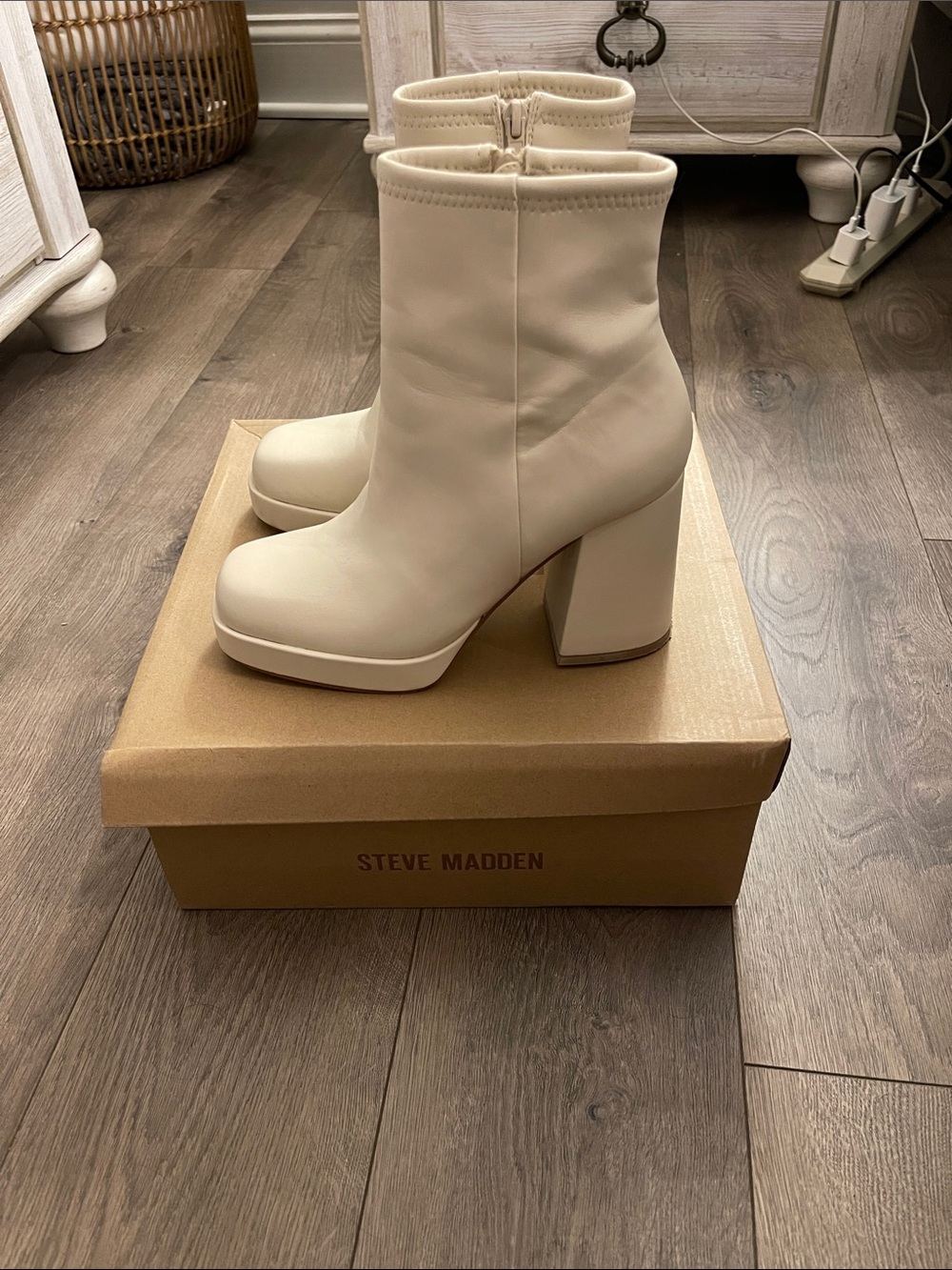 Steve Madden Cream Platform Block Heel Ankle Boots